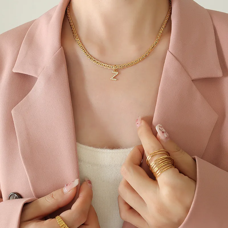 Brass Inlaid Zircon Letter Pendant Necklace, image 7