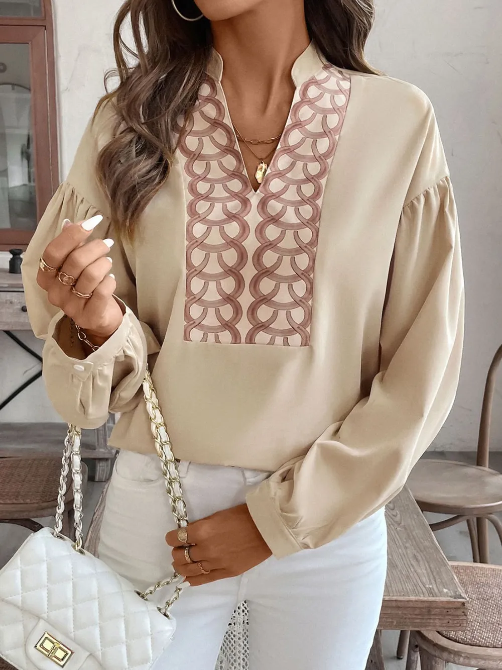Printed Notched Long Sleeve Blouse, image 4