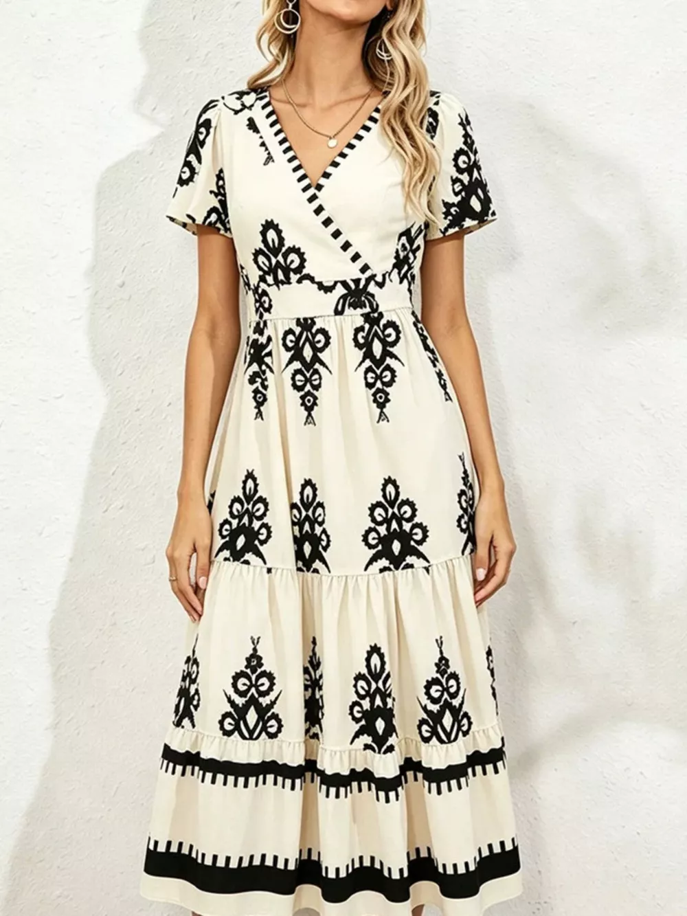 Printed Surplice Short Sleeve Dress, image 2