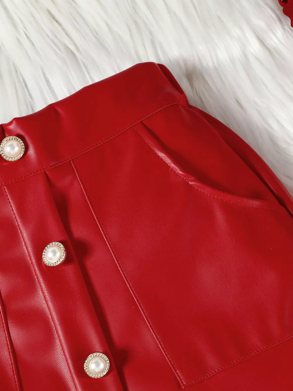 Children's Ruffled Trim Ribbed Top & Faux Leather Skirt Set, image 6