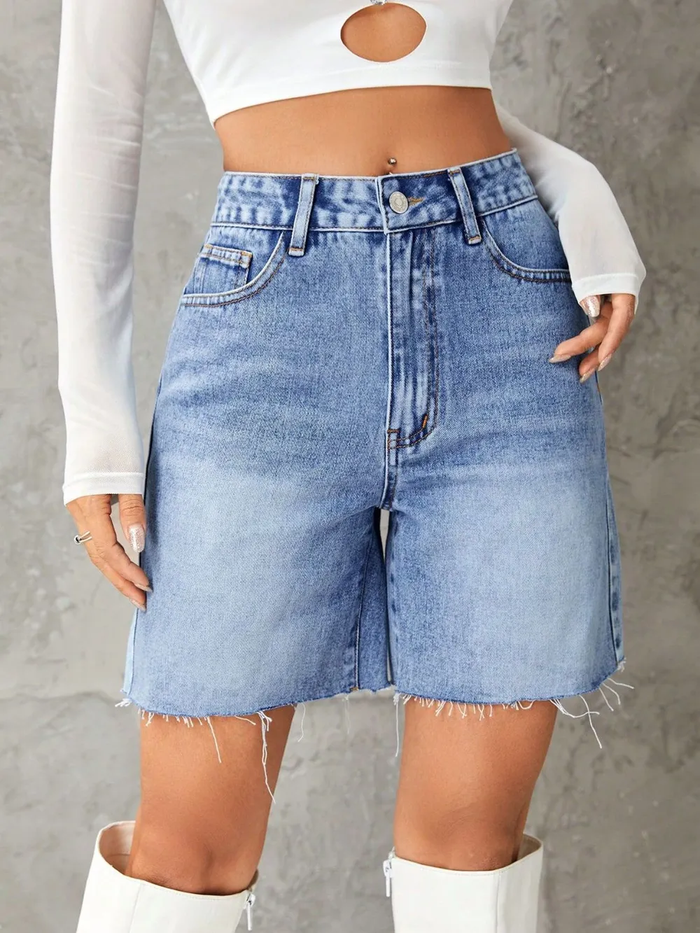 Frayed Hem Denim Shorts, image 7