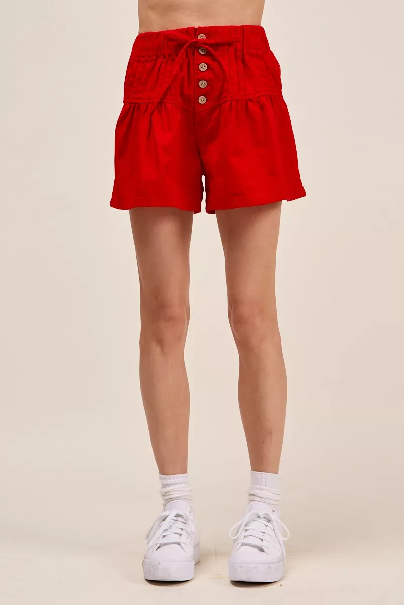 Solid Twill Denim Pintucked Buttoned Shorts With Waist Tie, image 4