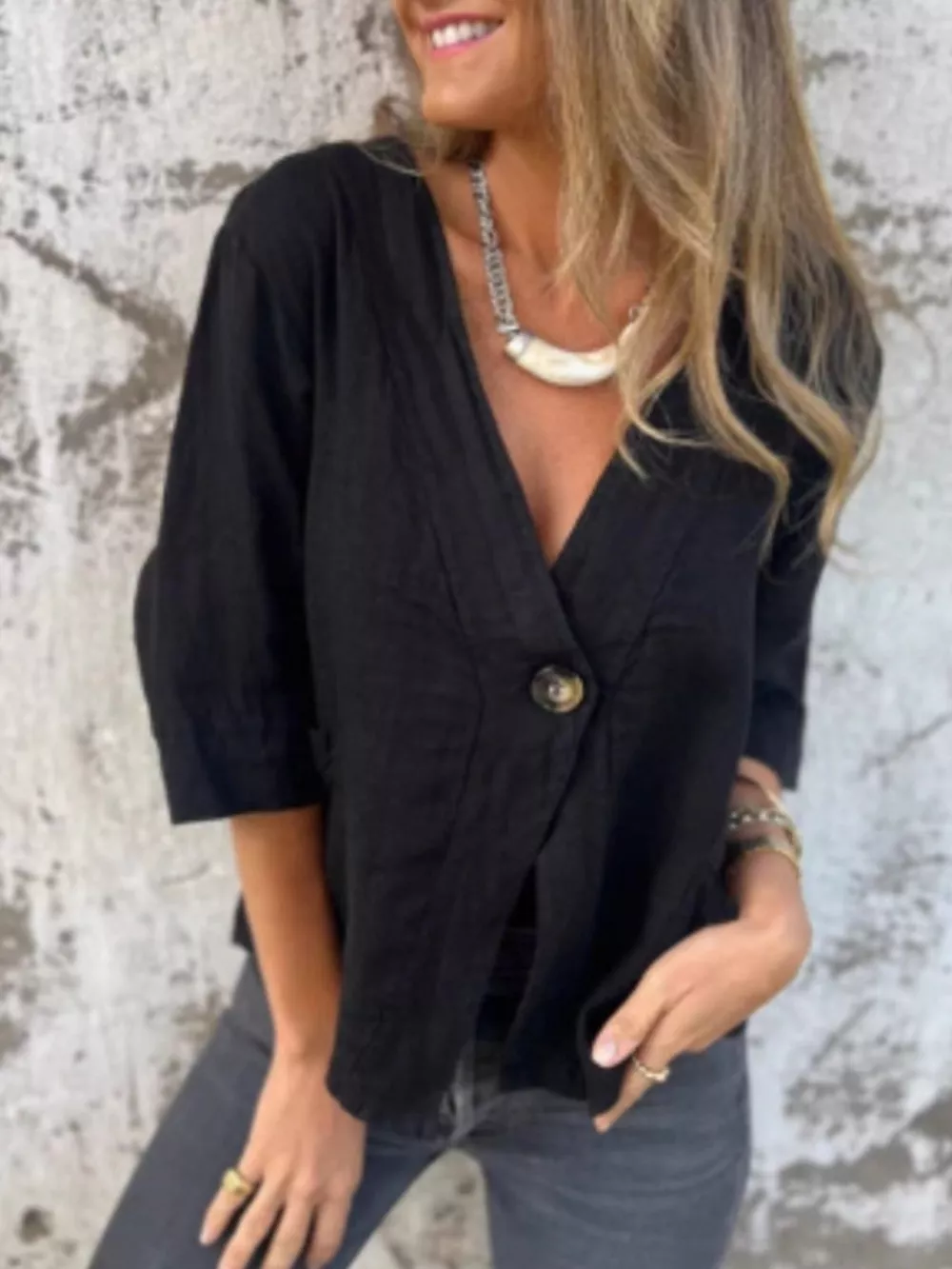 Full Size One Button V-Neck Shirt Plus Size, image 6