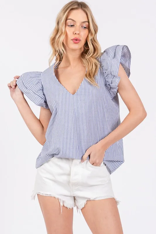 Ces Femme Striped V-Neck Ruffled Cap Sleeve Blouse, image 4