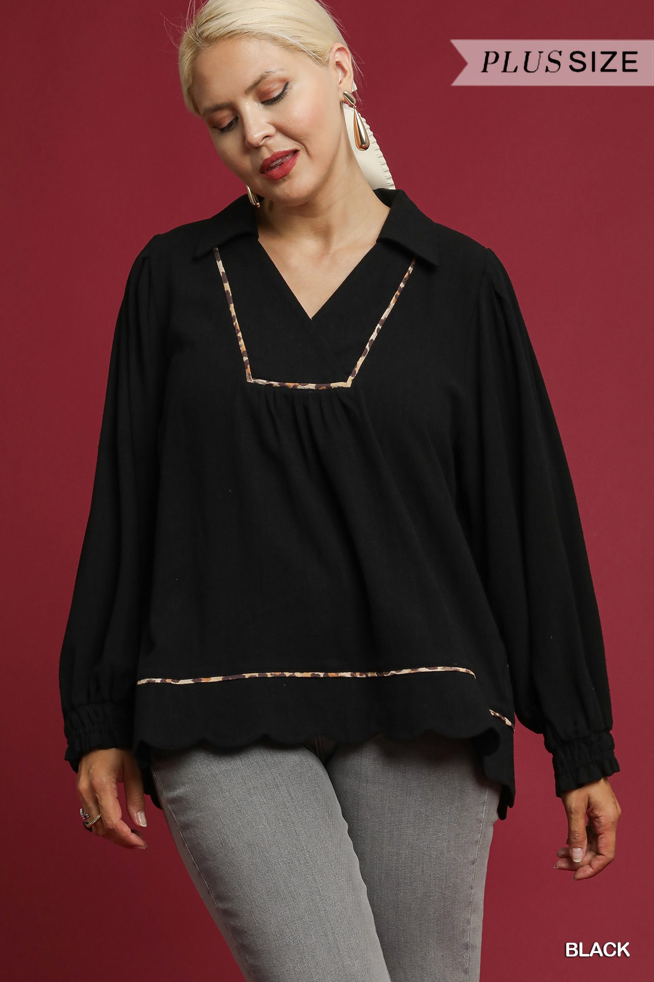 Full Size Linen Scallop Hem Blouse with Contrast Trim Plus Size, image 8