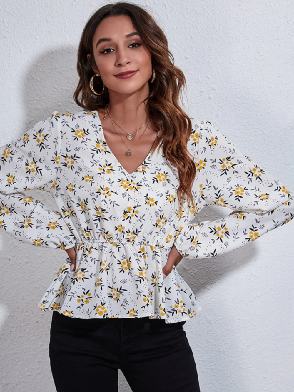 Ruched Printed V-Neck Long Sleeve Blouse, image 19