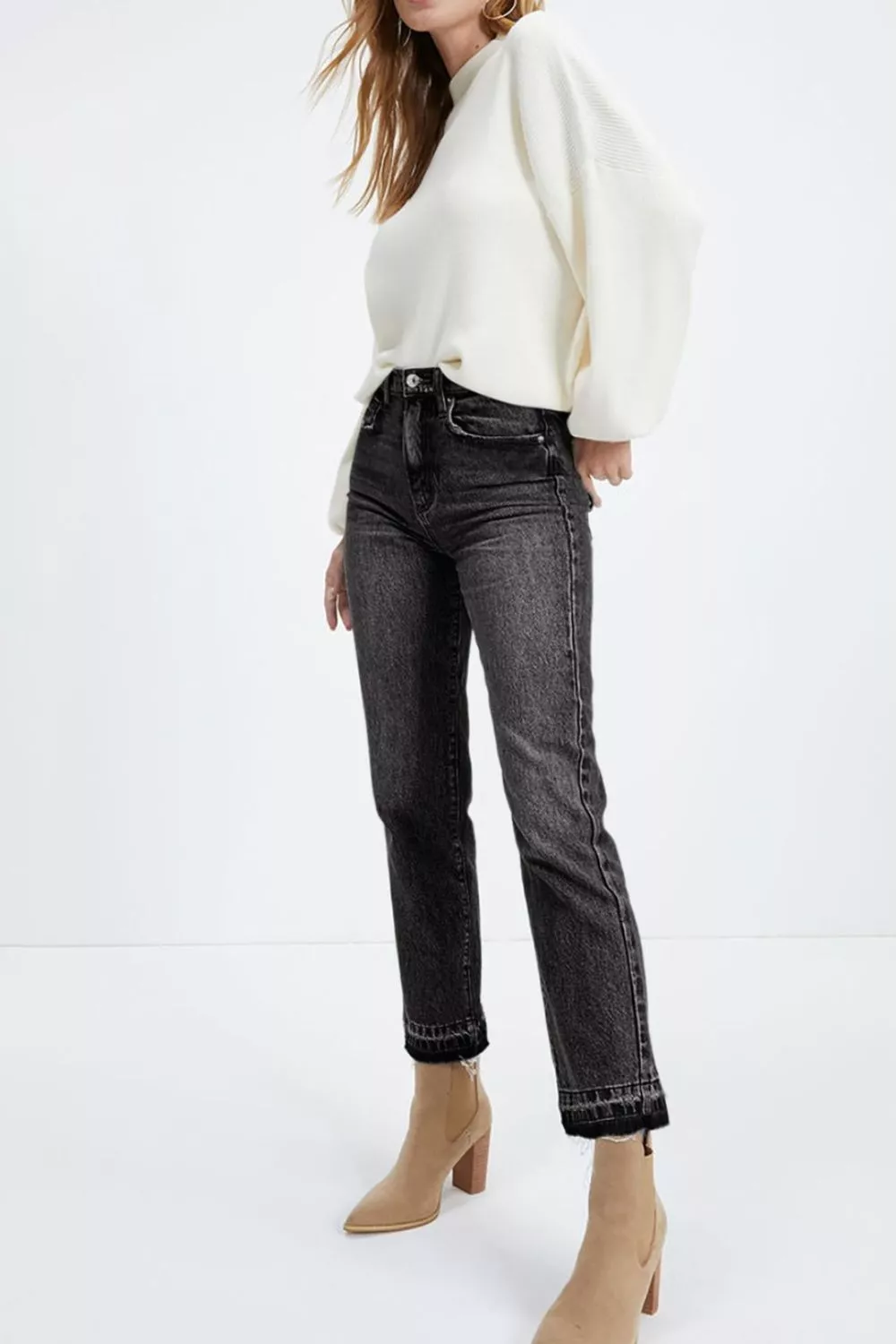 High-Waisted Distressed Hem Straight Leg Jeans, image 3