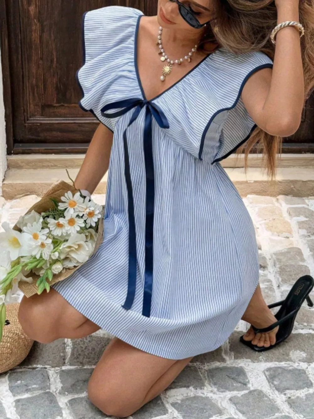 Striped Ruffle Sleeve Mini Dress, image 4