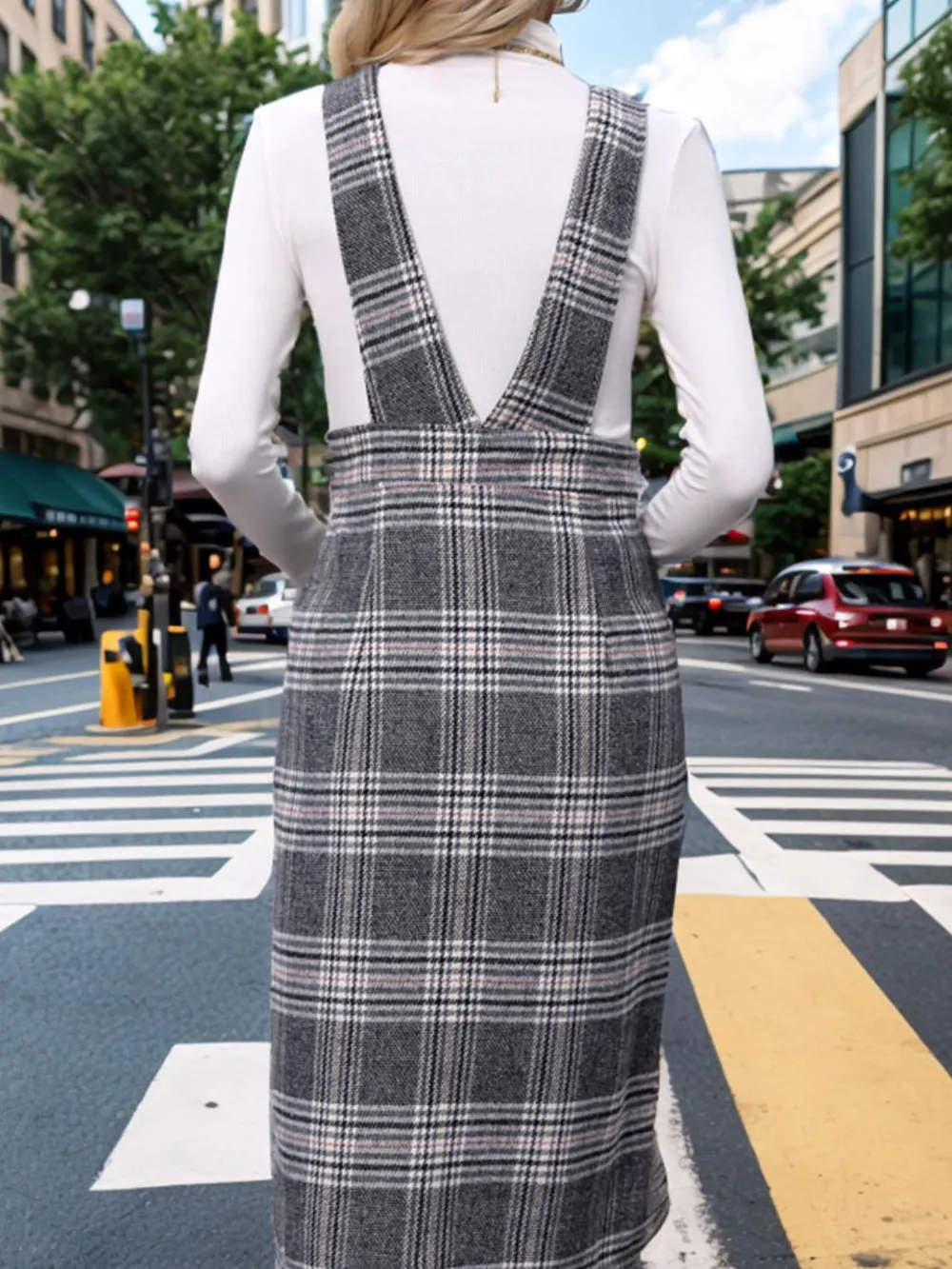 Pocketed Plaid Overall Dress, image 4