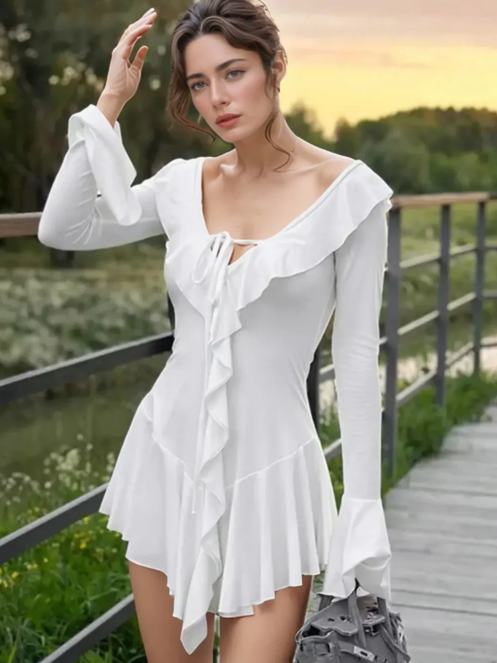 Ruffle V-Neck Flounce Sleeve Mini Dress, image 2