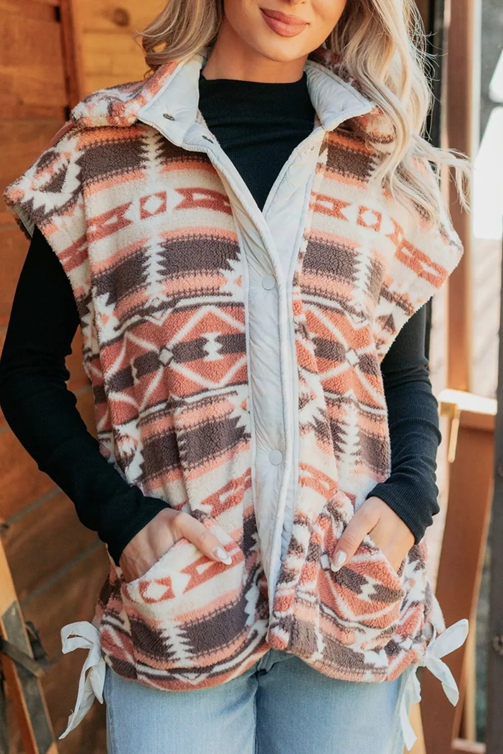Geometric Print Fleece Metal Button Placket Shift Silhouette Vest, image 2