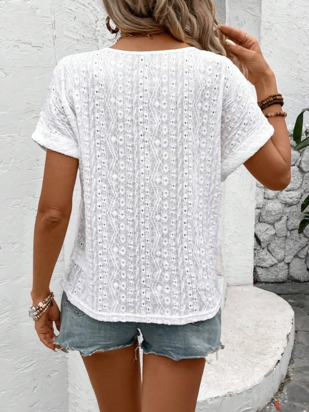 Eyelet Round Neck Short Sleeve Top, image 23