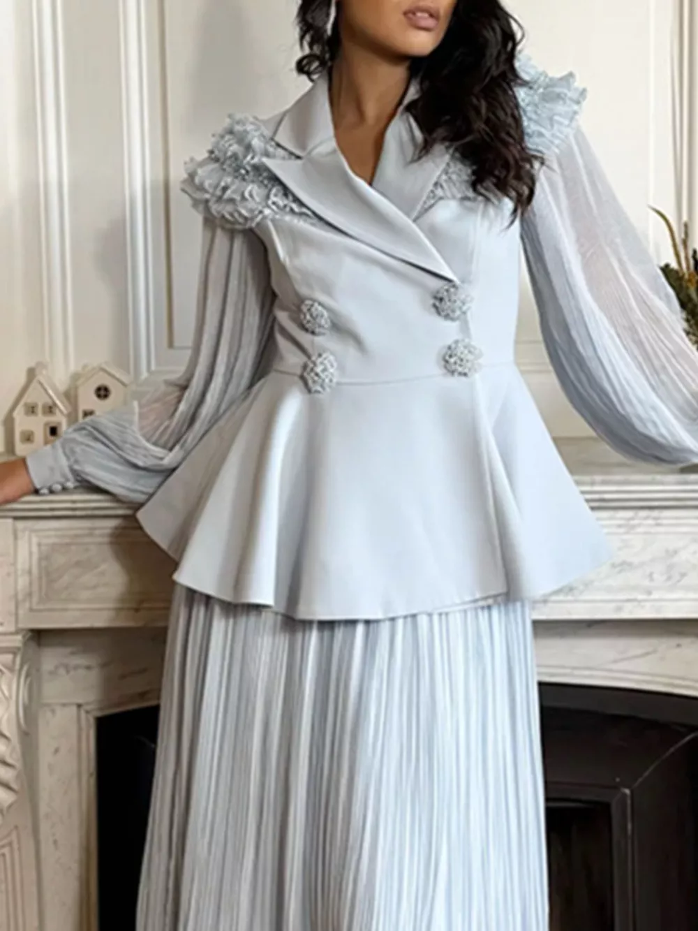 Frill Lapel Collar Top and Pleated Skirt Set, image 3