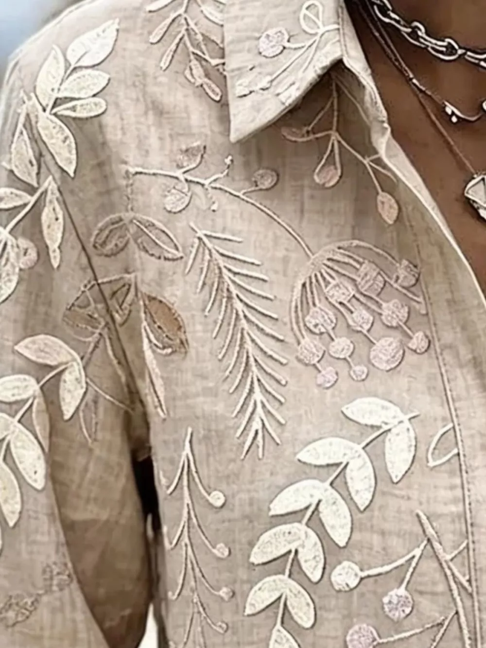 Full Size Leaf Embroidered Button-Down Shirt Plus Size, image 8