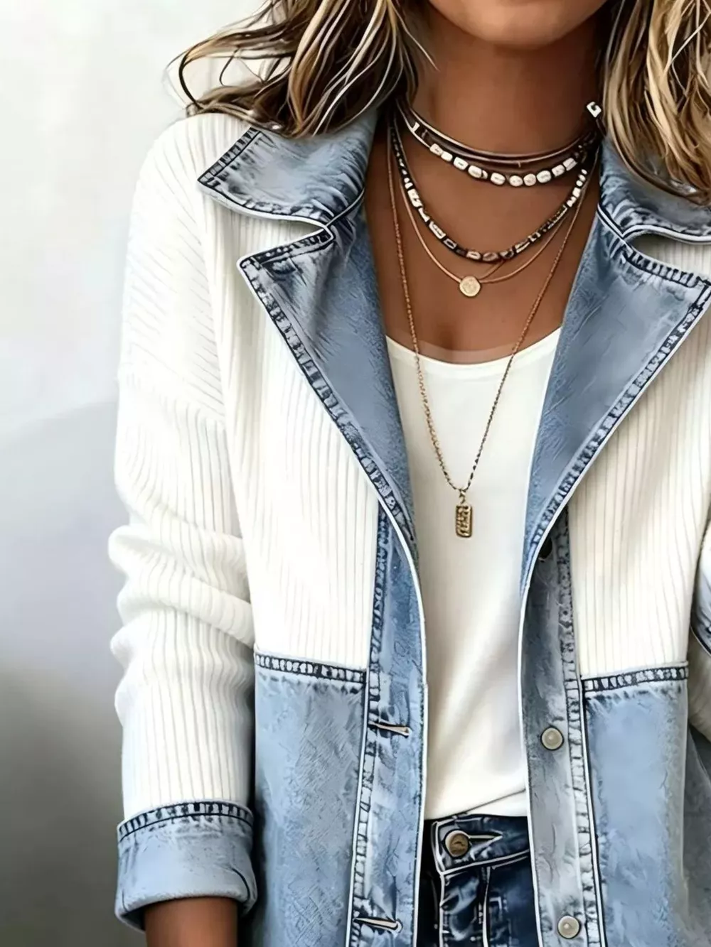 Color-Block Denim and Knit Patchwork Casual Jacket, image 3