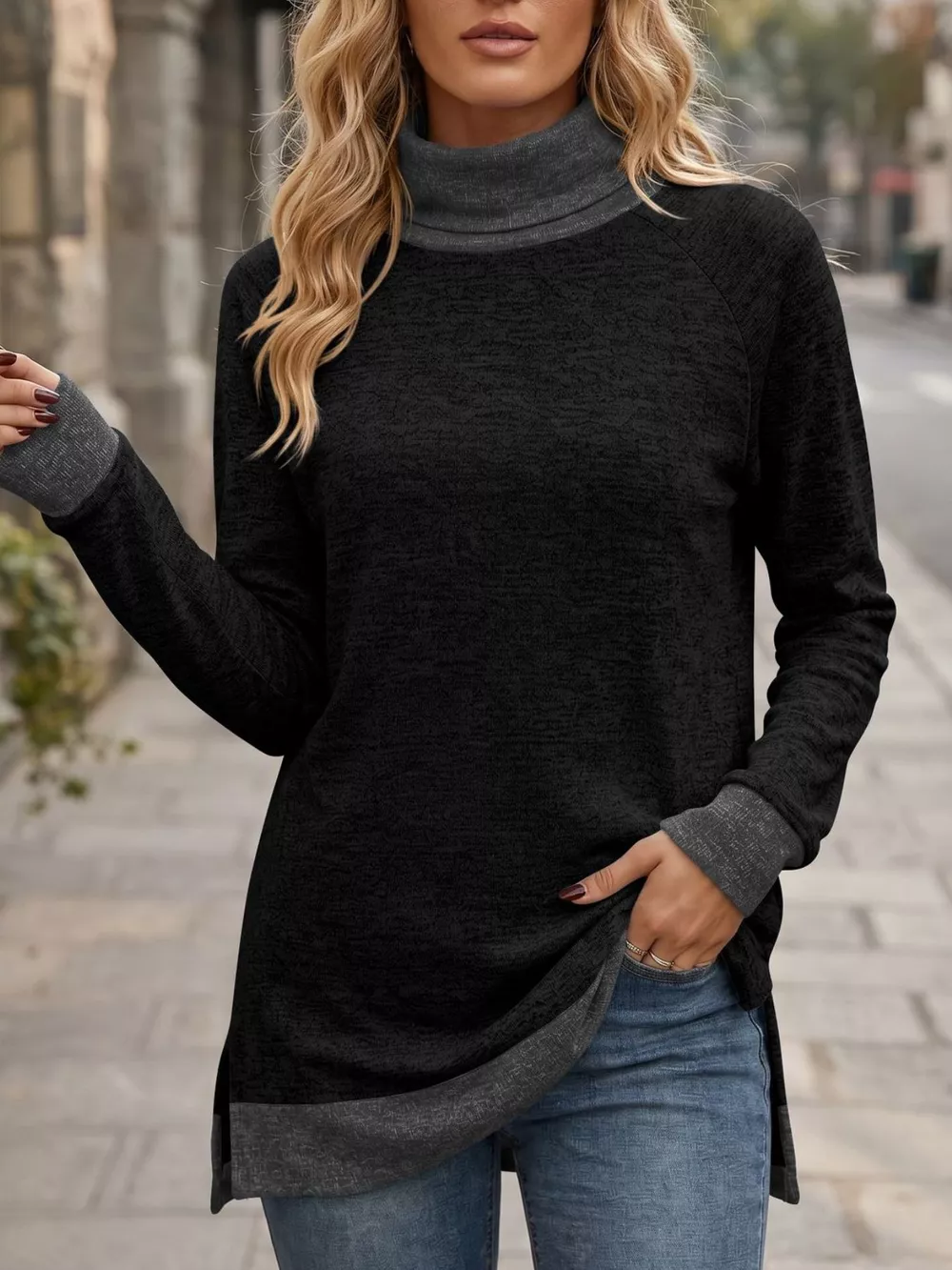 Turtleneck Raglan Sleeve T-Shirt, image 5