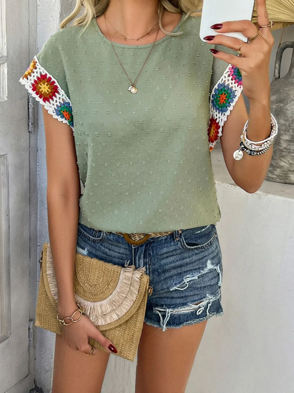 Swiss Dot Round Neck Crochet Short Sleeve Top, image 16