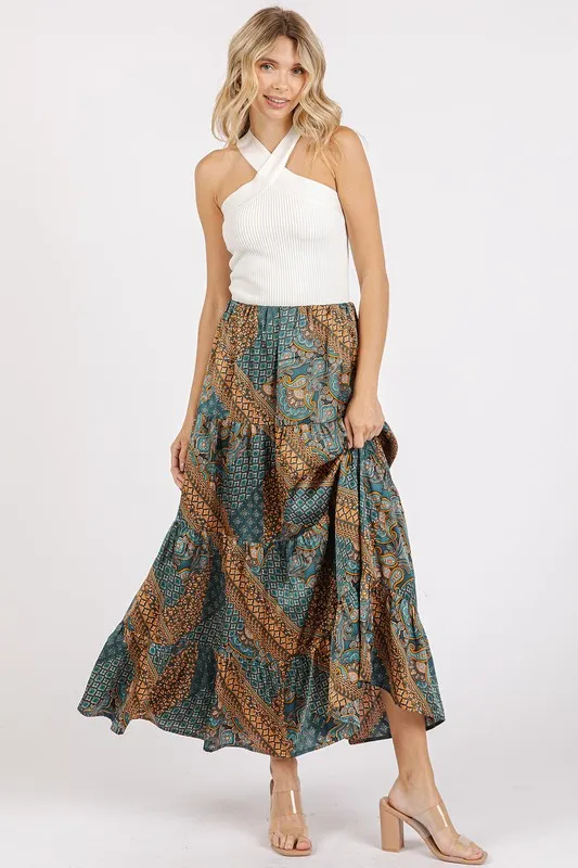 Paisley Patchwork Print Satin Maxi Skirt, image 3