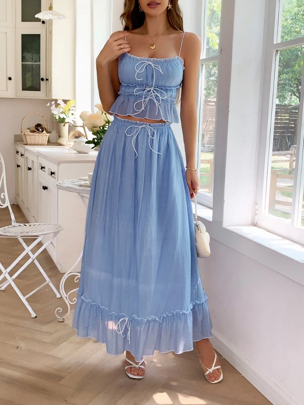Frill Square Neck Cami and Skirt Set, image 7