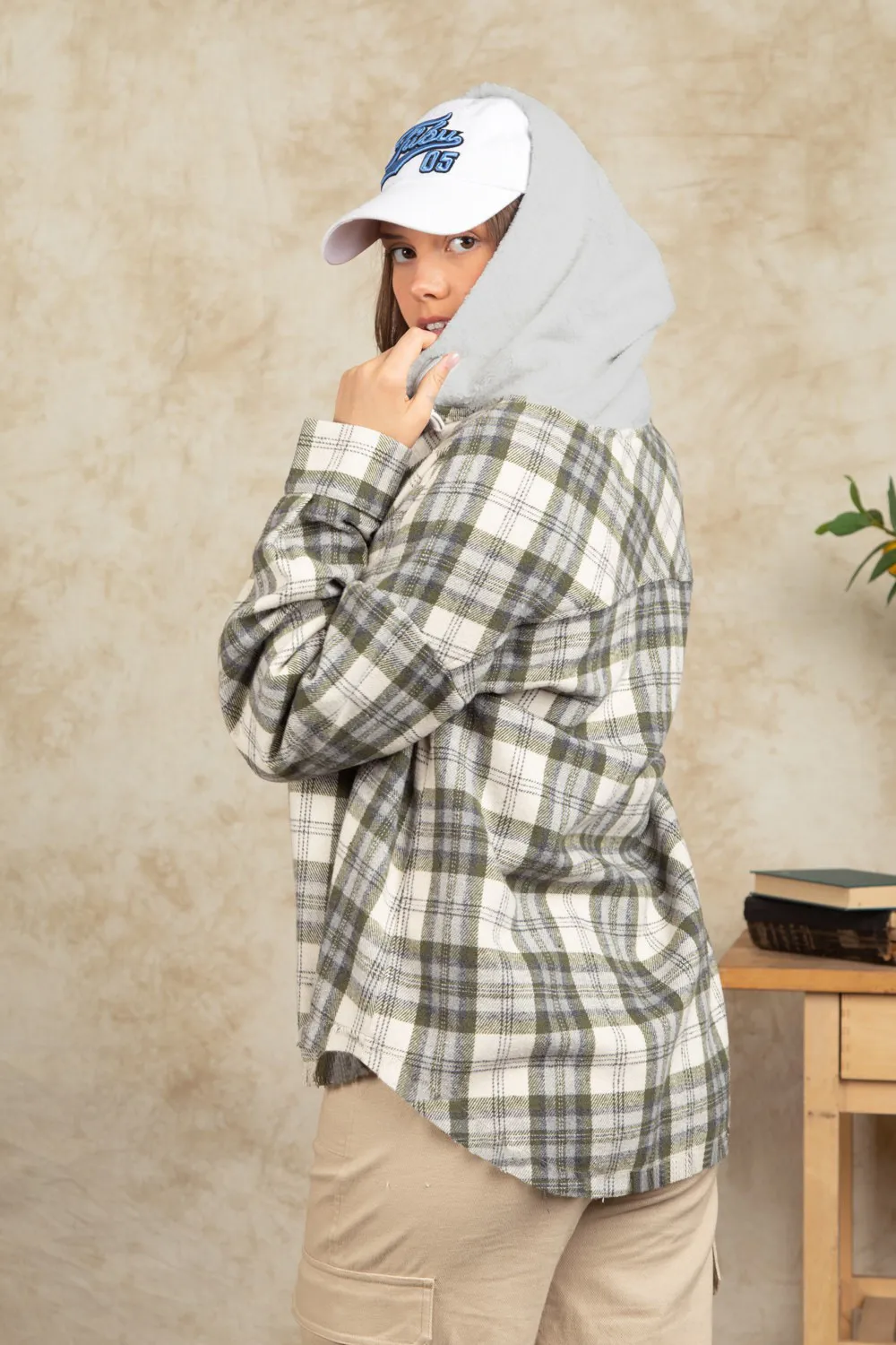 Drawstring Plaid Long Sleeve Hooded Jacket, image 10