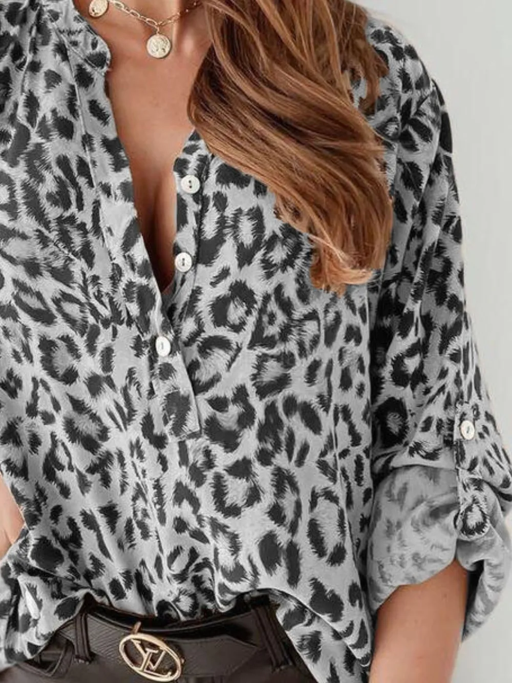 Full Size Leopard Print Roll-Tab Sleeves Blouse Plus Size, image 6