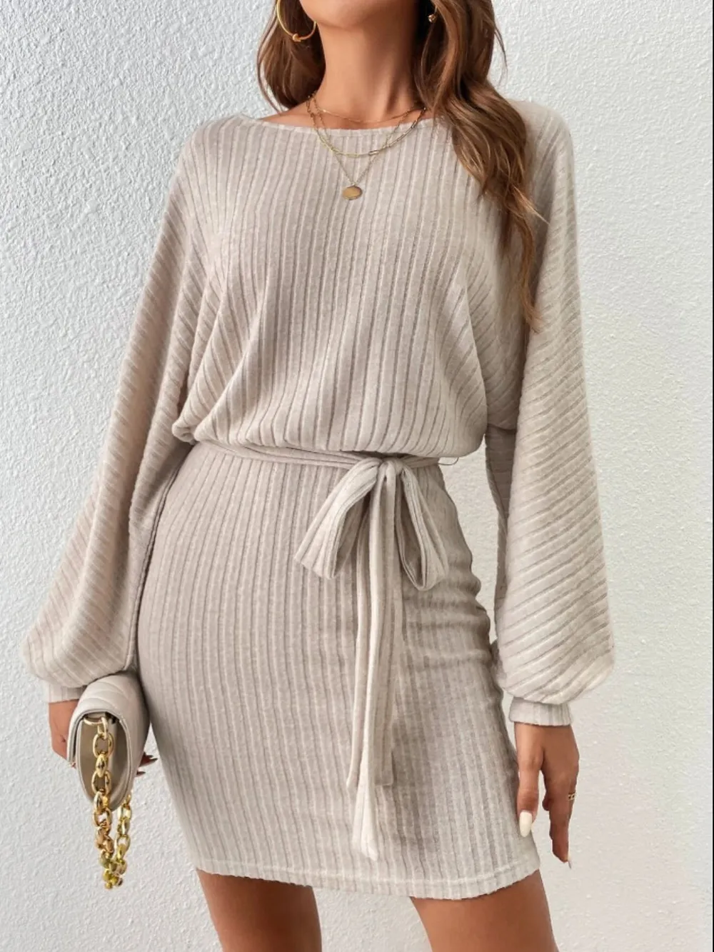 Round Neck Tie Waist Long Sleeve Mini Dress, image 3