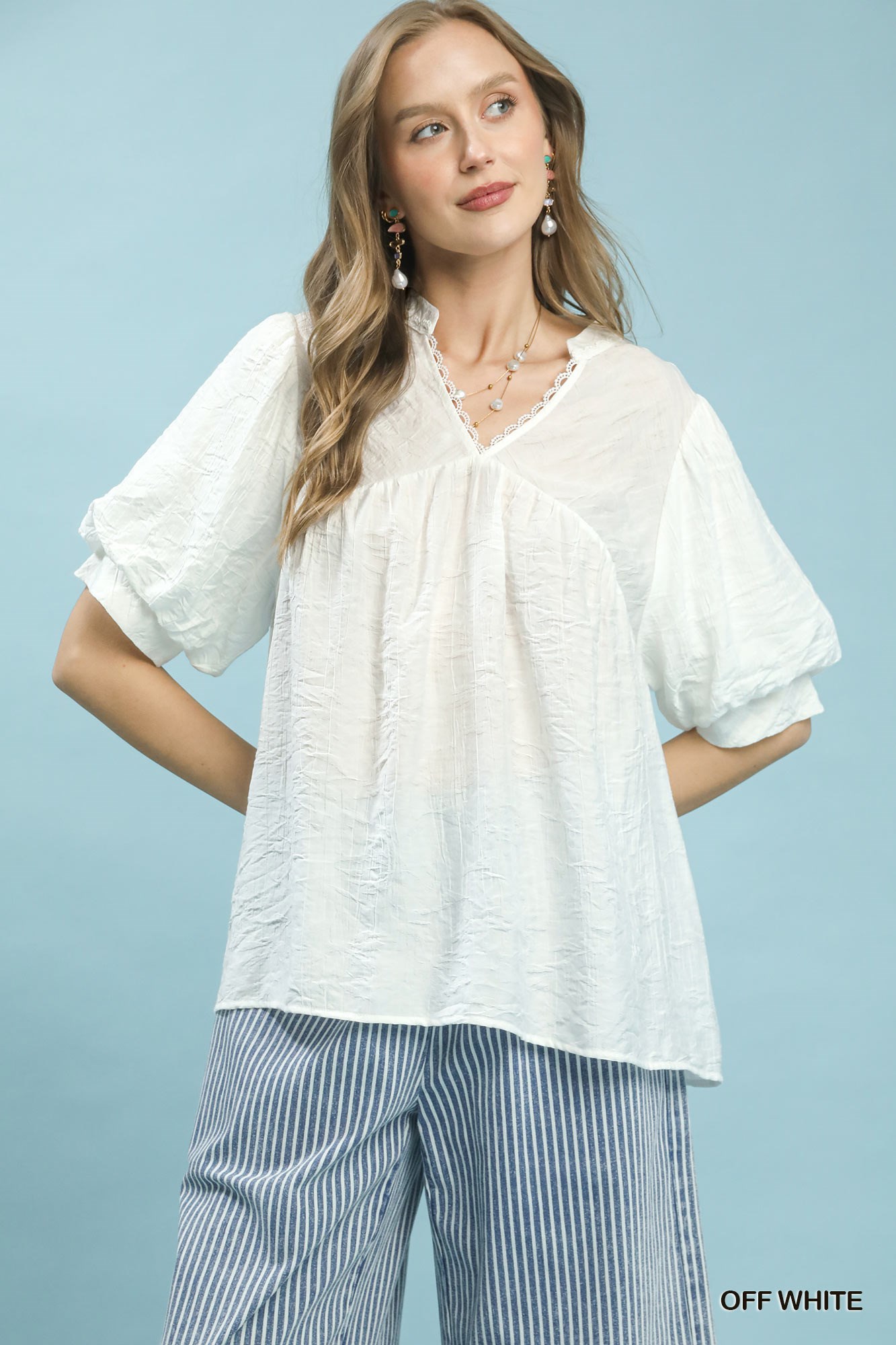 Textured Lace Trim V-Neck Boho Blouse