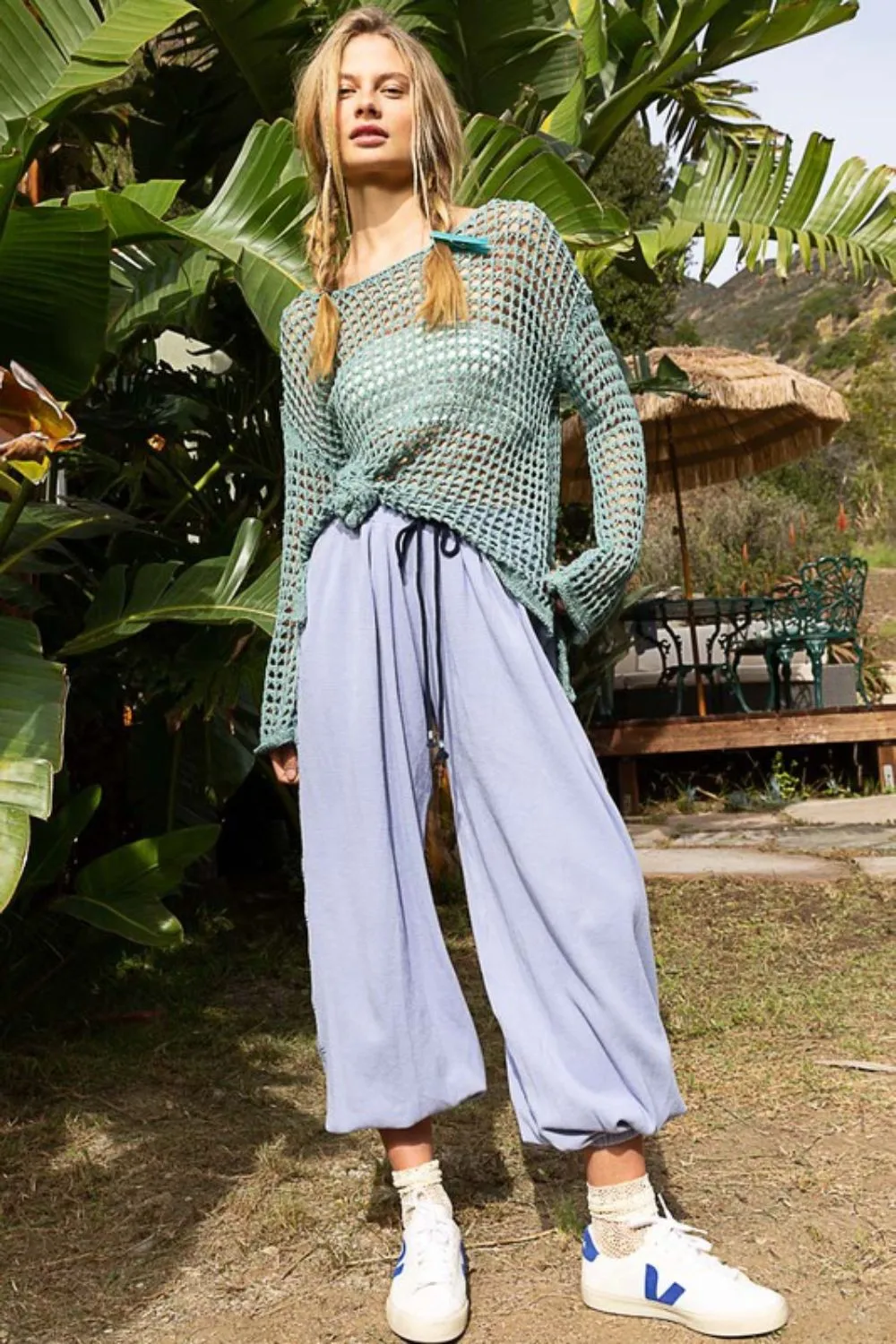 Side Slit Openwork Long Sleeve Knit Cover Up, image 2