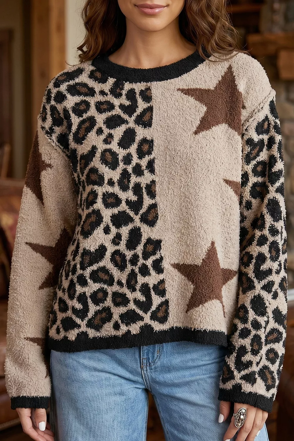 Leopard Star Pattern Round Neck Long Sleeve Shift Sweater, image 4