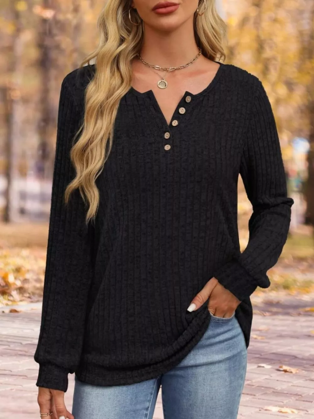 Ribbed Knit Button-Front Long Sleeve T-Shirt, image 2