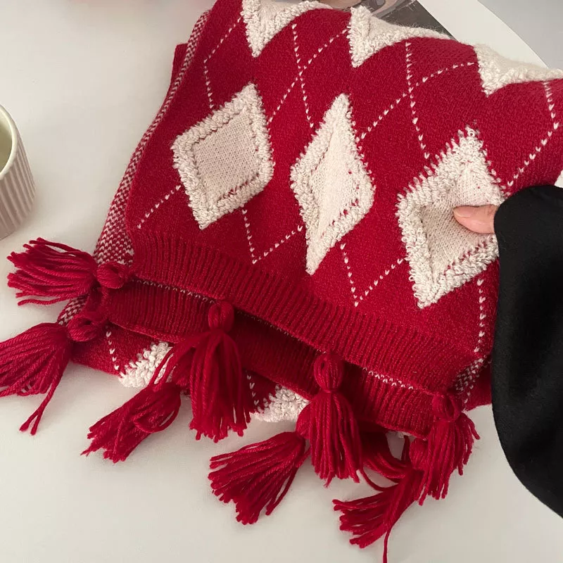 Diamond Pattern Knitted Tassel Scarf, image 5