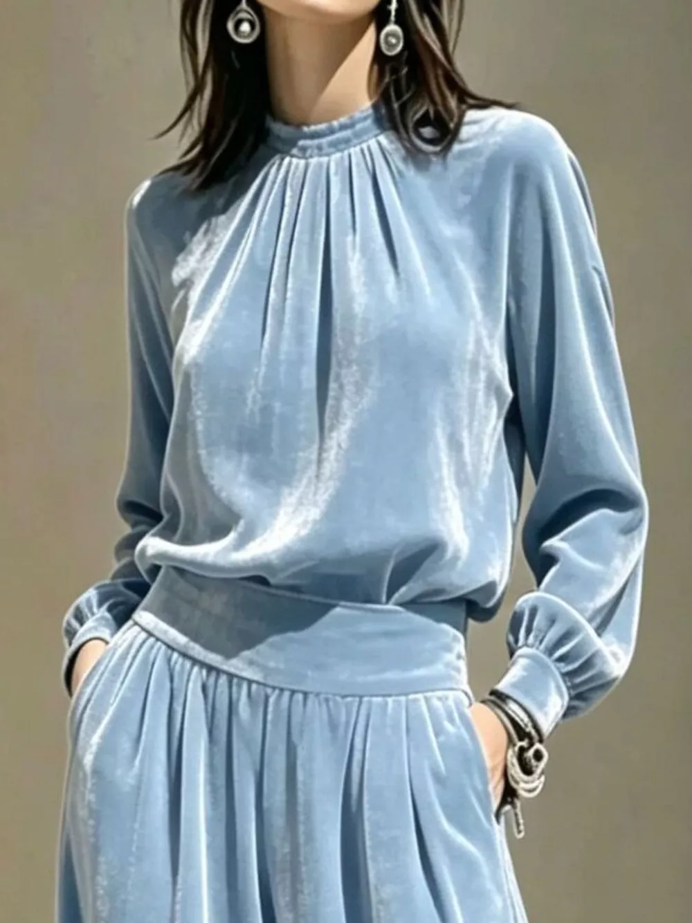 Velvet Mock Neck Long Sleeve Top and Wide-Leg Pants Set, image 3