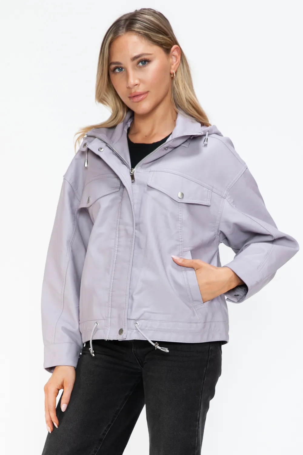 Drawstring Hem PU Leather Zip Up Jacket, image 6