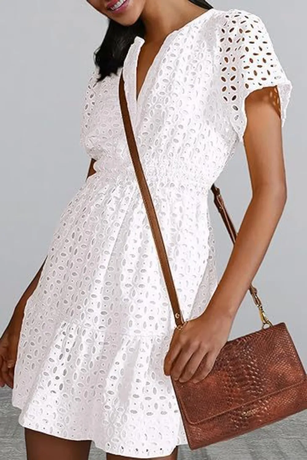 Eyelet Notched Short Sleeve Mini Dress, image 15
