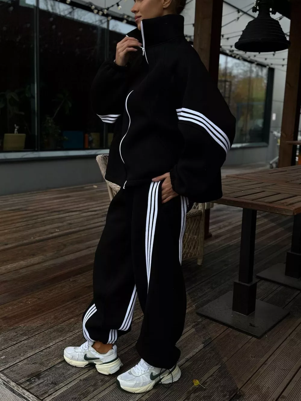 Contrast Striped Zip Up Top and Pants Set, image 2