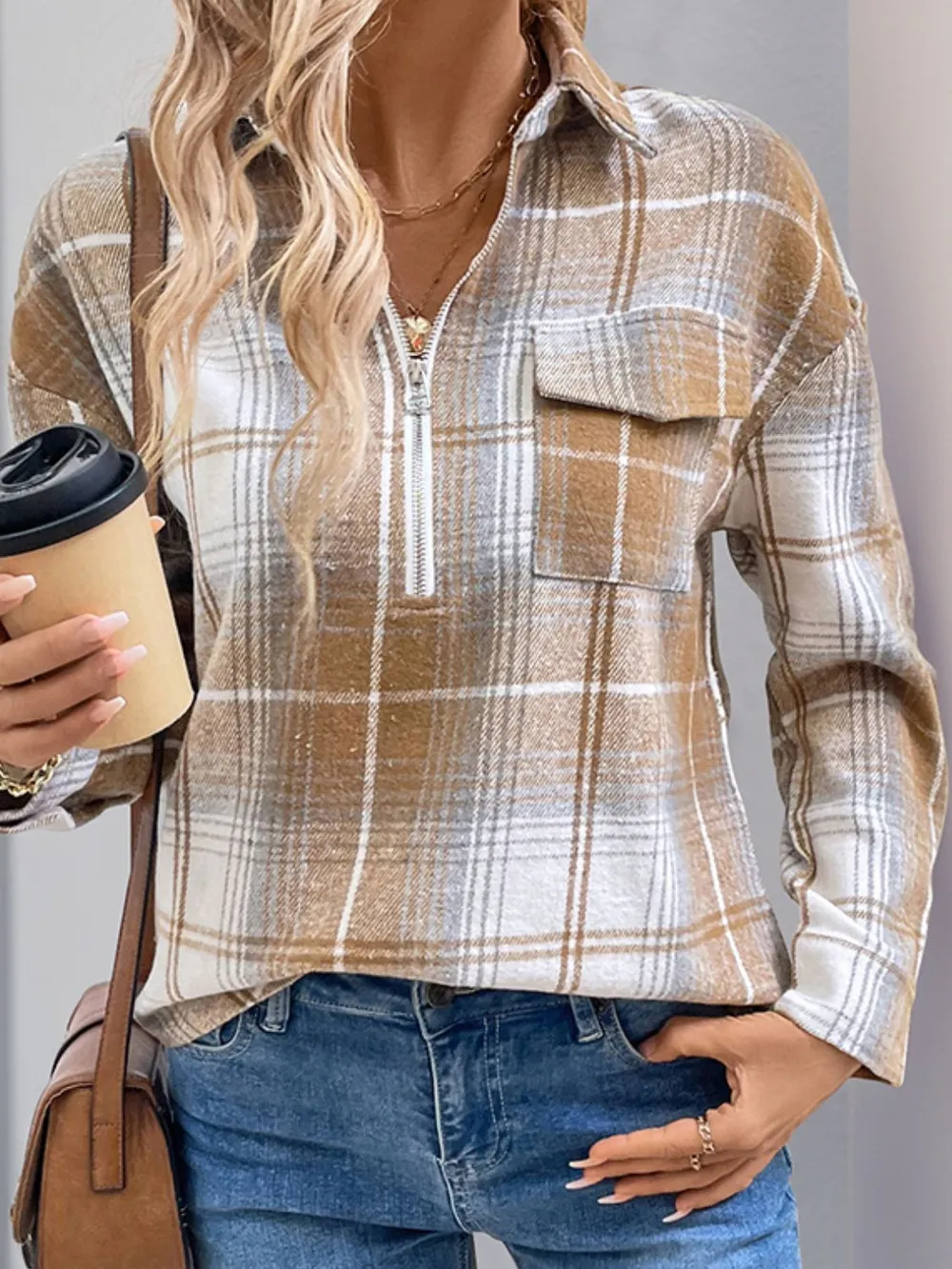 Plaid Collared Neck Half Zip Long Sleeve Top, image 4