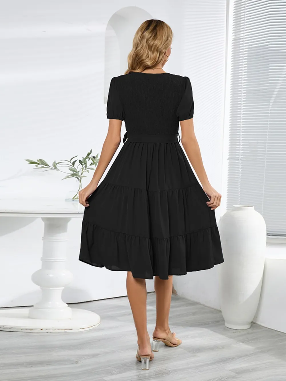 Smocked Tie Front Short Sleeve Tiered Dress, image 11