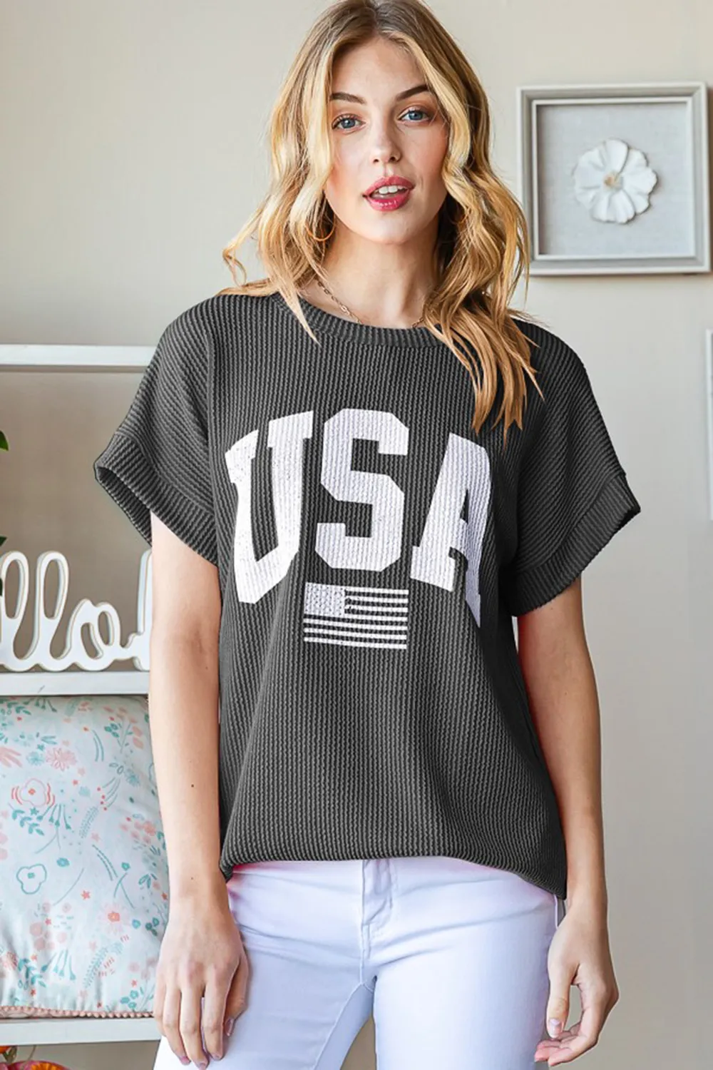 Full Size USA Graphic Short Sleeve Ribbed Top