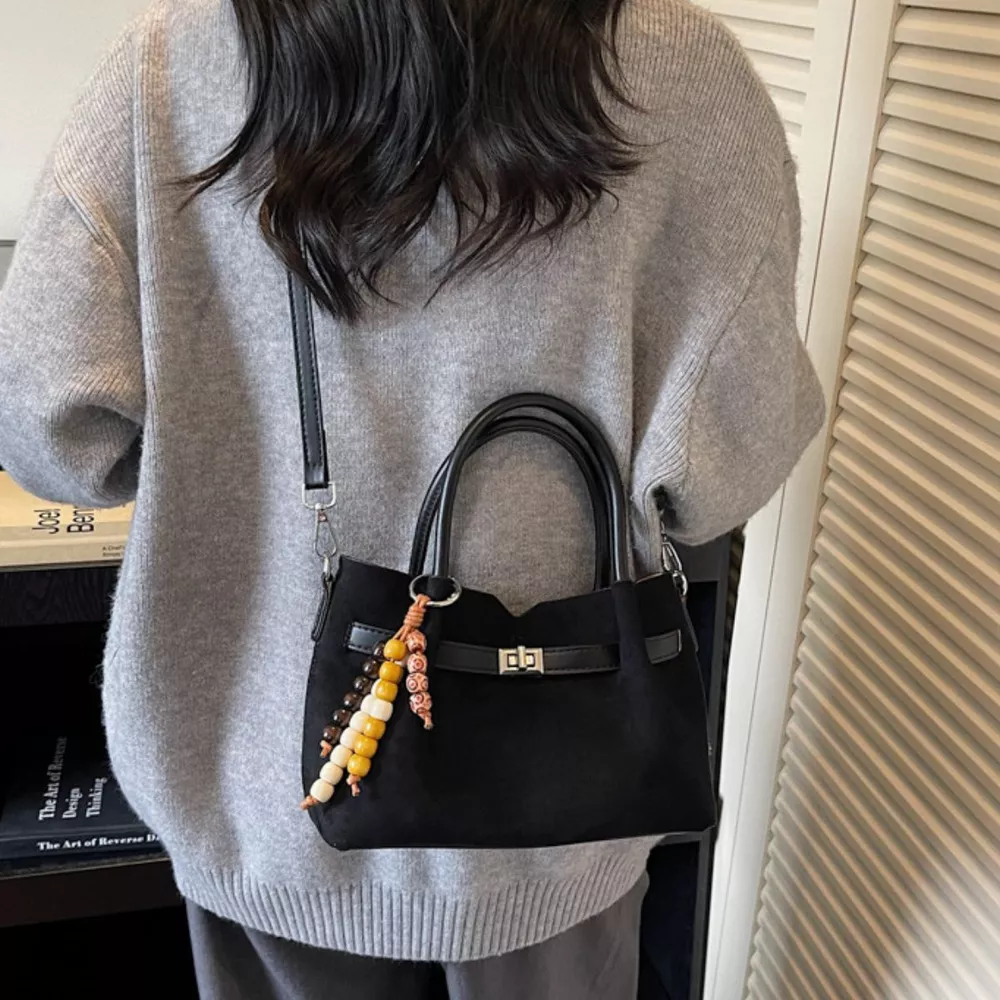 Decorative Lock Suede Handbag