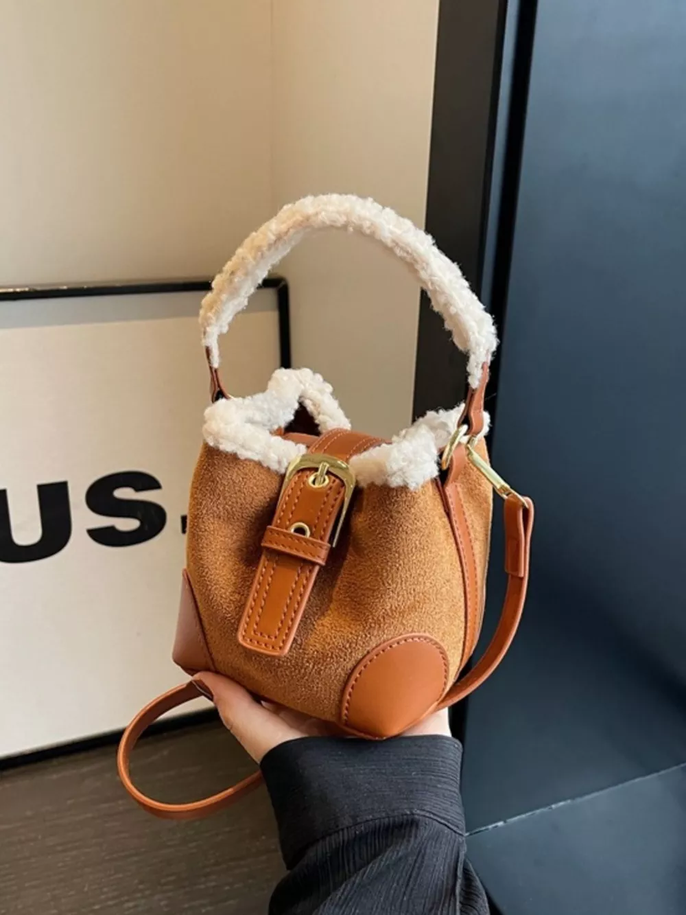 Fuzzy Trim Bucket Crossbody Bag, image 4