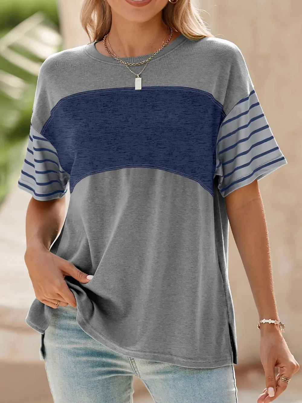 Color Block Striped Sleeve Casual T-Shirt, image 7