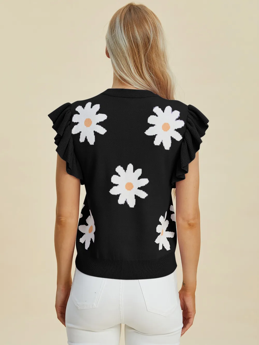 Full Size Ruffled Flower Round Neck Cap Sleeve Sweater, image 6