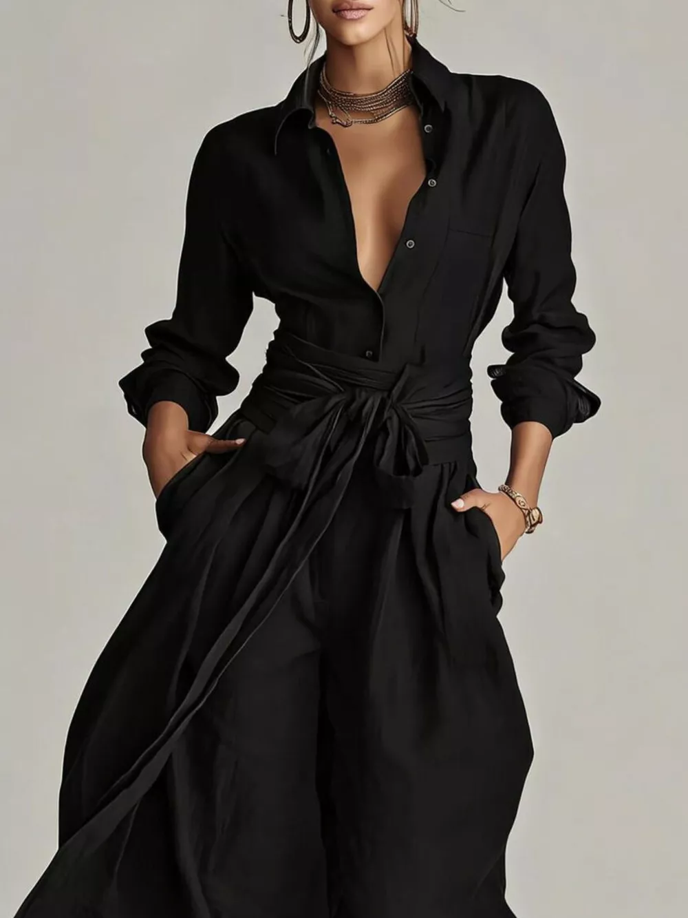 Long-Sleeve Button-Down Waist-Tie Jumpsuit, image 9