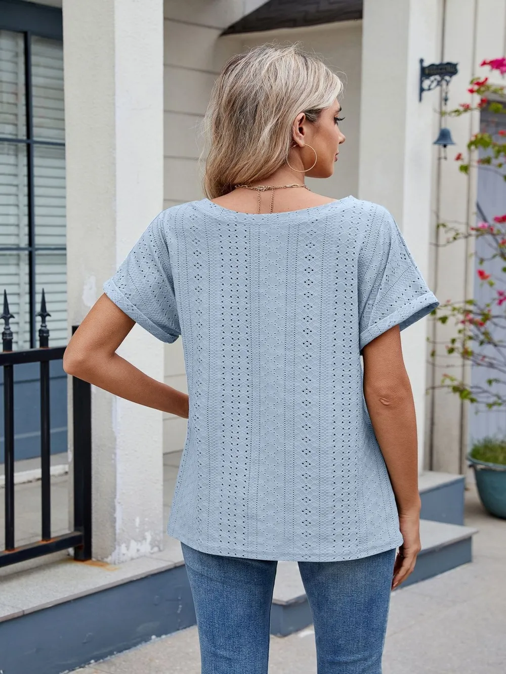 Eyelet Round Neck Short Sleeve Top, image 7