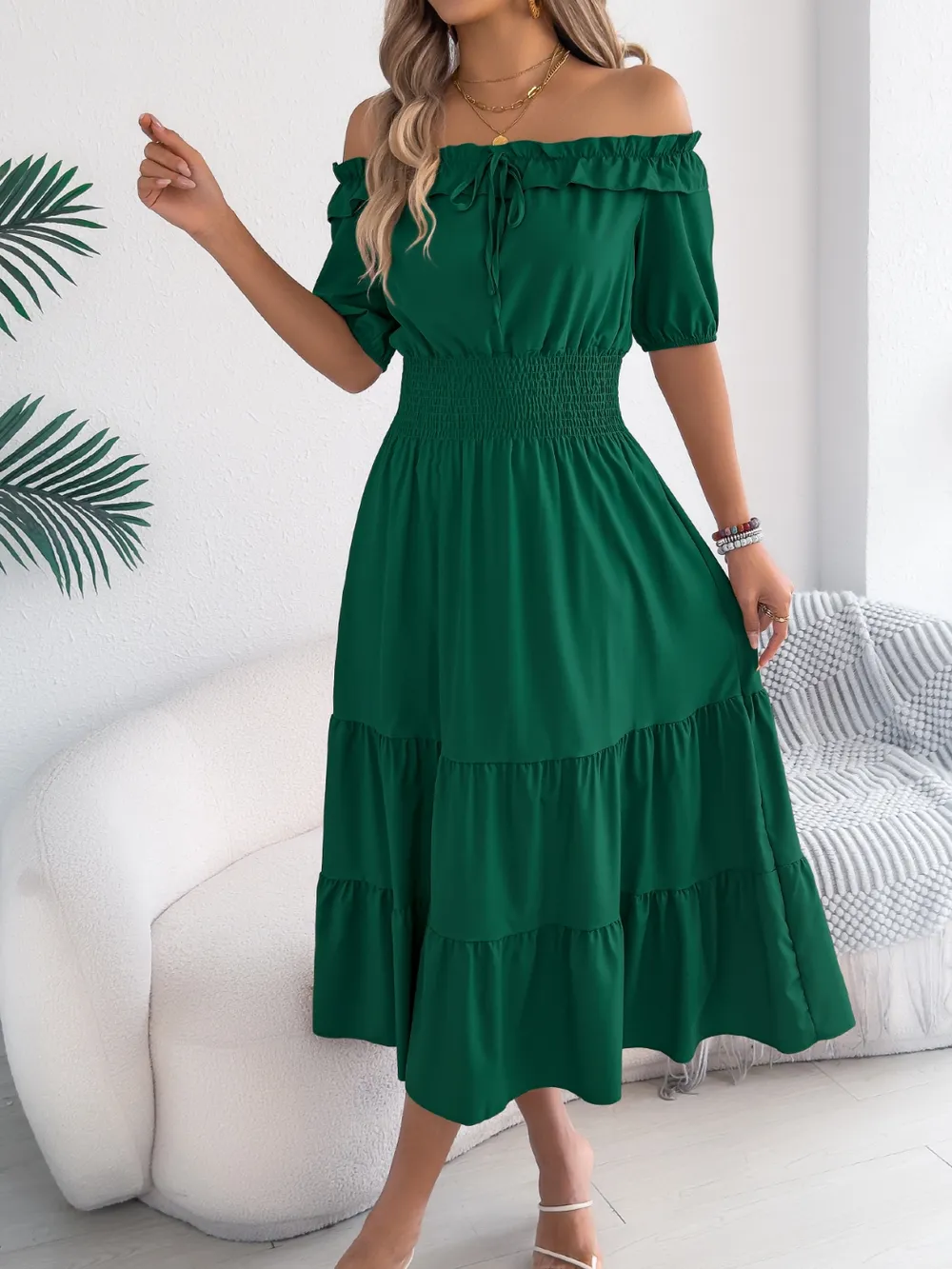 Smocked Off-Shoulder Tiered Dress, image 12