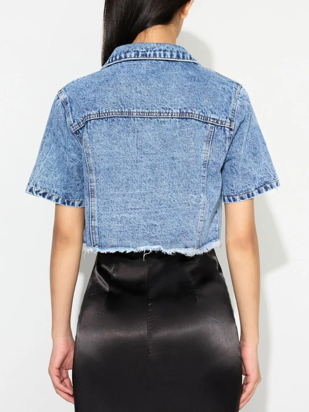 Cropped Short Sleeve Denim Jacket with Frayed Hem, image 4