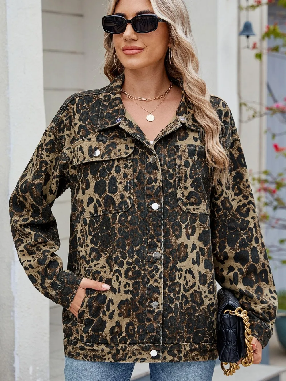 Pocketed Leopard Long Sleeve Denim Jacket, image 4