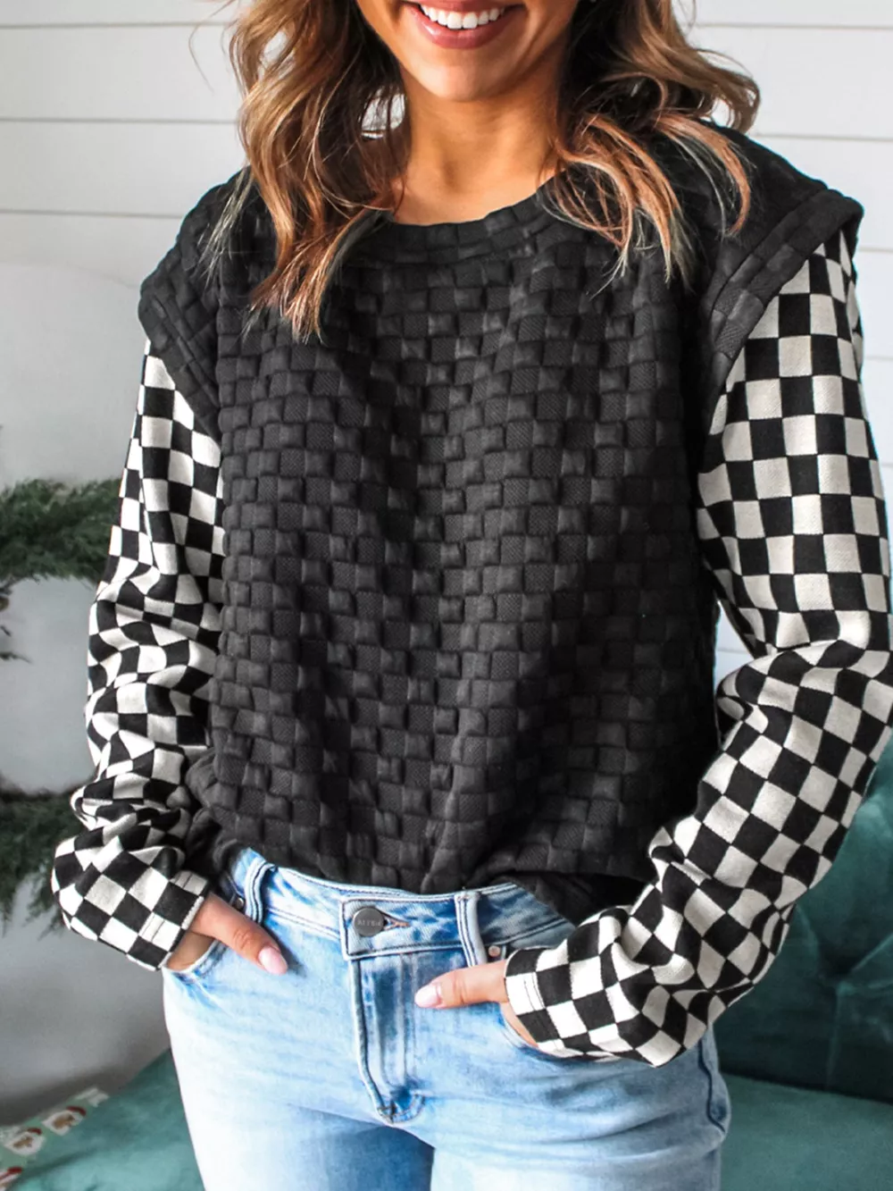 Textured Contrast Checkered Patchwork Long Sleeve Top, image 3