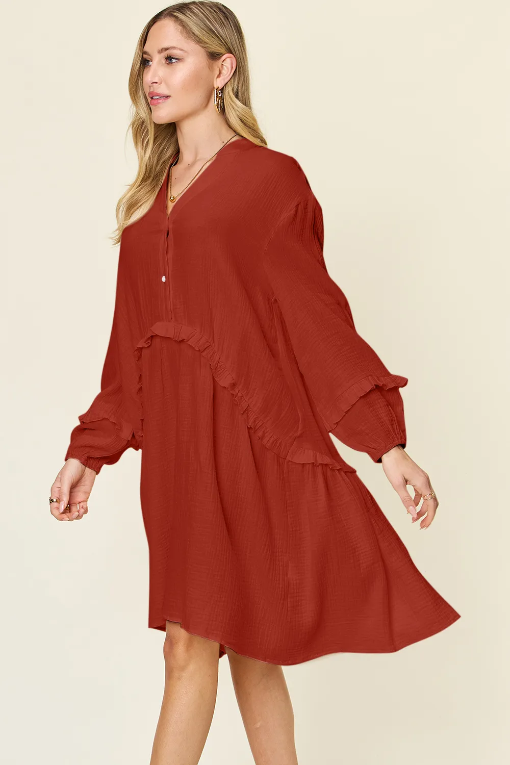 Full Size Texture Half Button Ruffle Trim Dress, image 3