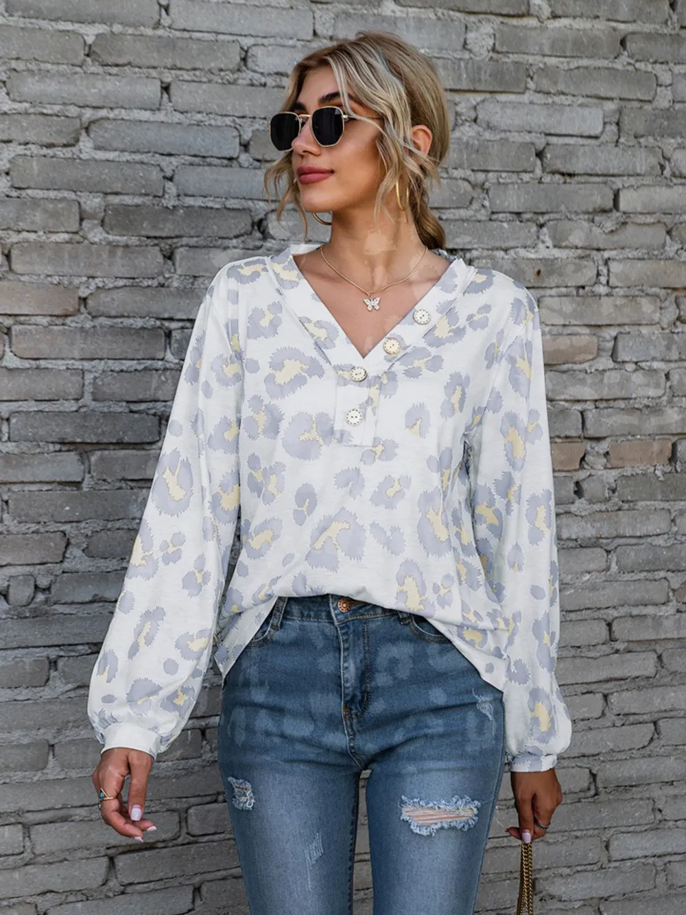 Leopard V-Neck Decorative Button Long Sleeve Blouse, image 11